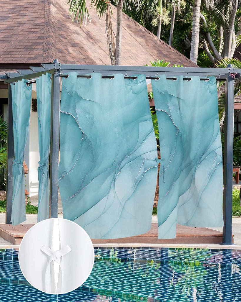 Outdoor Curtains Waterproof, Marble Texture Privacy Screen Outdoor Front Porch Decor, Grommet Outside Curtains for