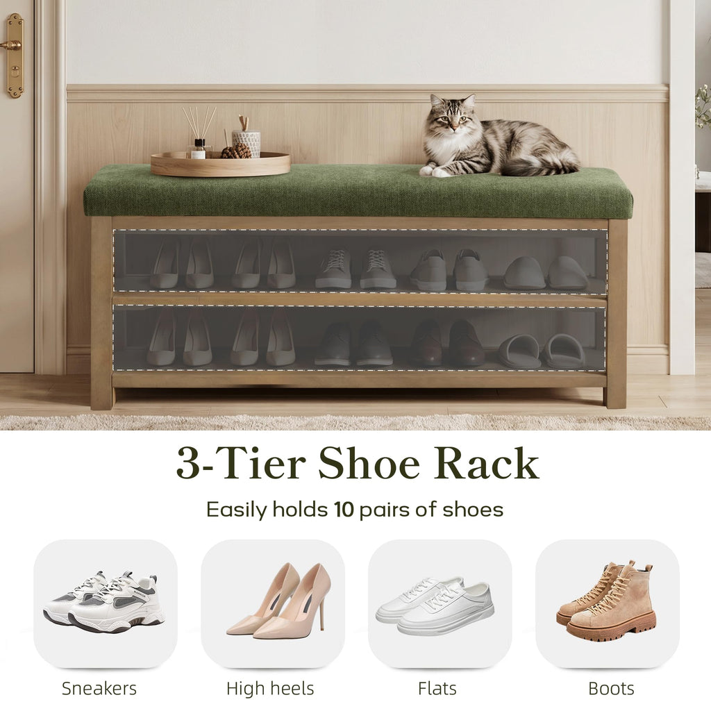 Shoe Rack Bench with Cushion, 2 Tier Solid Wood Storage Bench, Mid-Century Modern Shoe Bench, Closet, Front Door