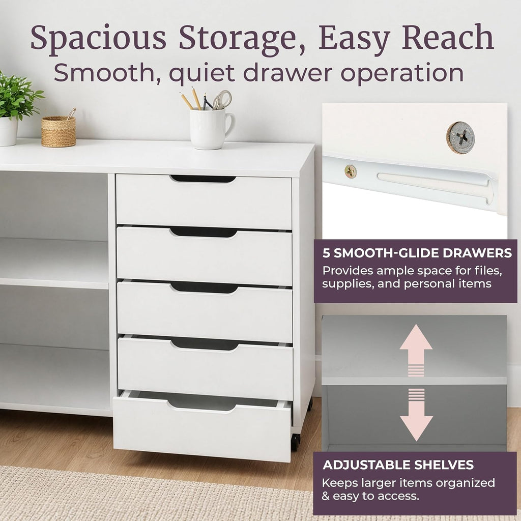 5 Drawer Office Storage Cabinet - Wooden Lateral File Cabinet with 5 Drawers, Door, and Adjustable Shelves - Rolling