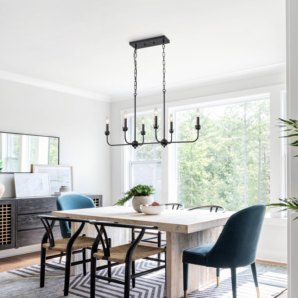 Modern Black 6-Light Linear Chandelier, E12 Base, Adjustable Chain Lighting Fixture Island, Dining Room, or Long Table