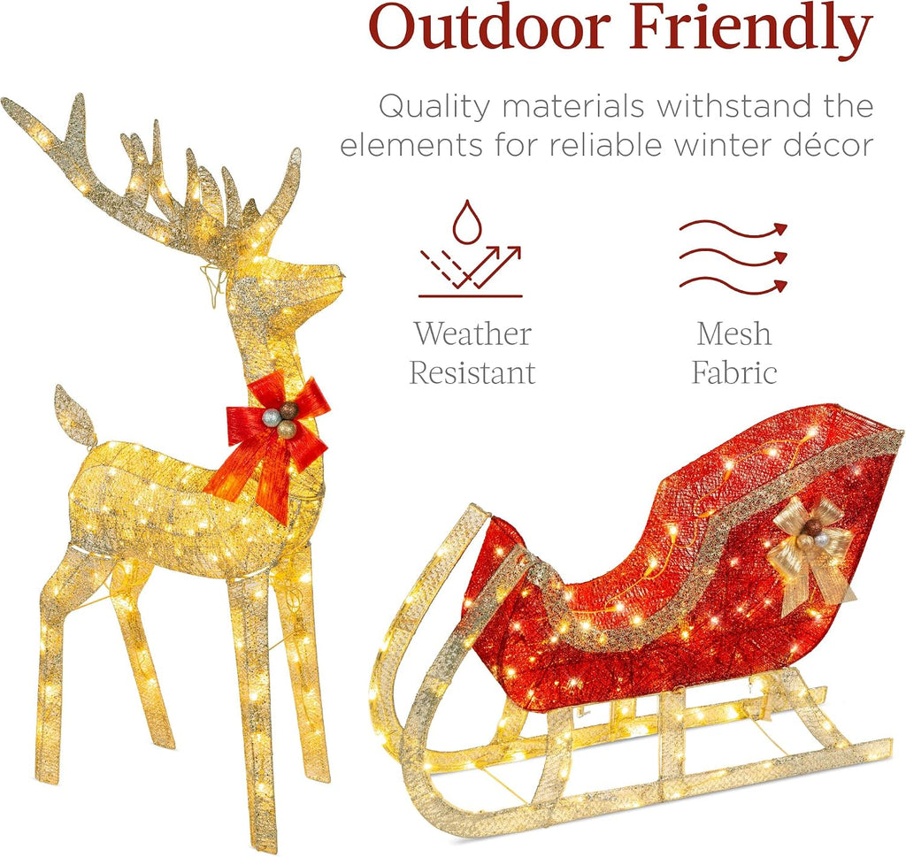 Lighted Christmas 4ft Reindeer & Sleigh Holiday Outdoor Yard Decoration Set w/ 205 LED Lights, Stakes, Zip Ties - Gold