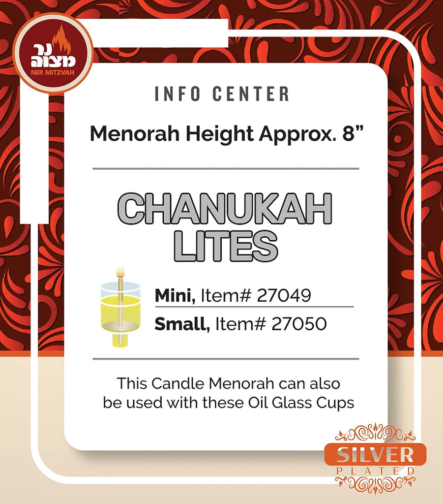 Silver Plated Candle - Fits All Standard Hanukkah Candles - Curved Branches - Embossed Design - 8" High x 6.5" Wide