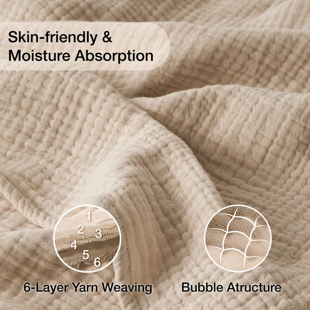 100% Cotton Muslin Blanket for Adults, 6-Layer, 90 x 90, Beige Linen