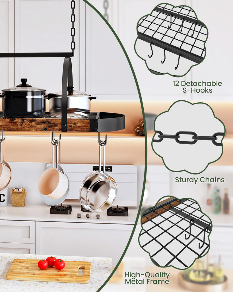 Hanging Pot Rack, Pot Hanger, Ceiling Mounted Pot Holder, Cookware Organizer with 12 S-Shaped Hooks, for Pot, Pan