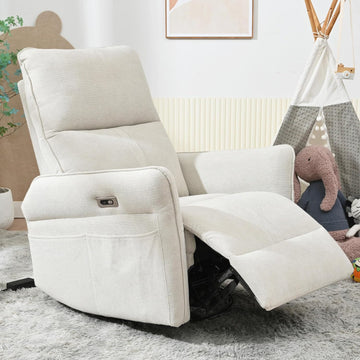 Power Swivel Rocker Recliner Chair , Upholstered Snowflake Velvet 270°Swivel Glider Rocker Chair with USB Ports