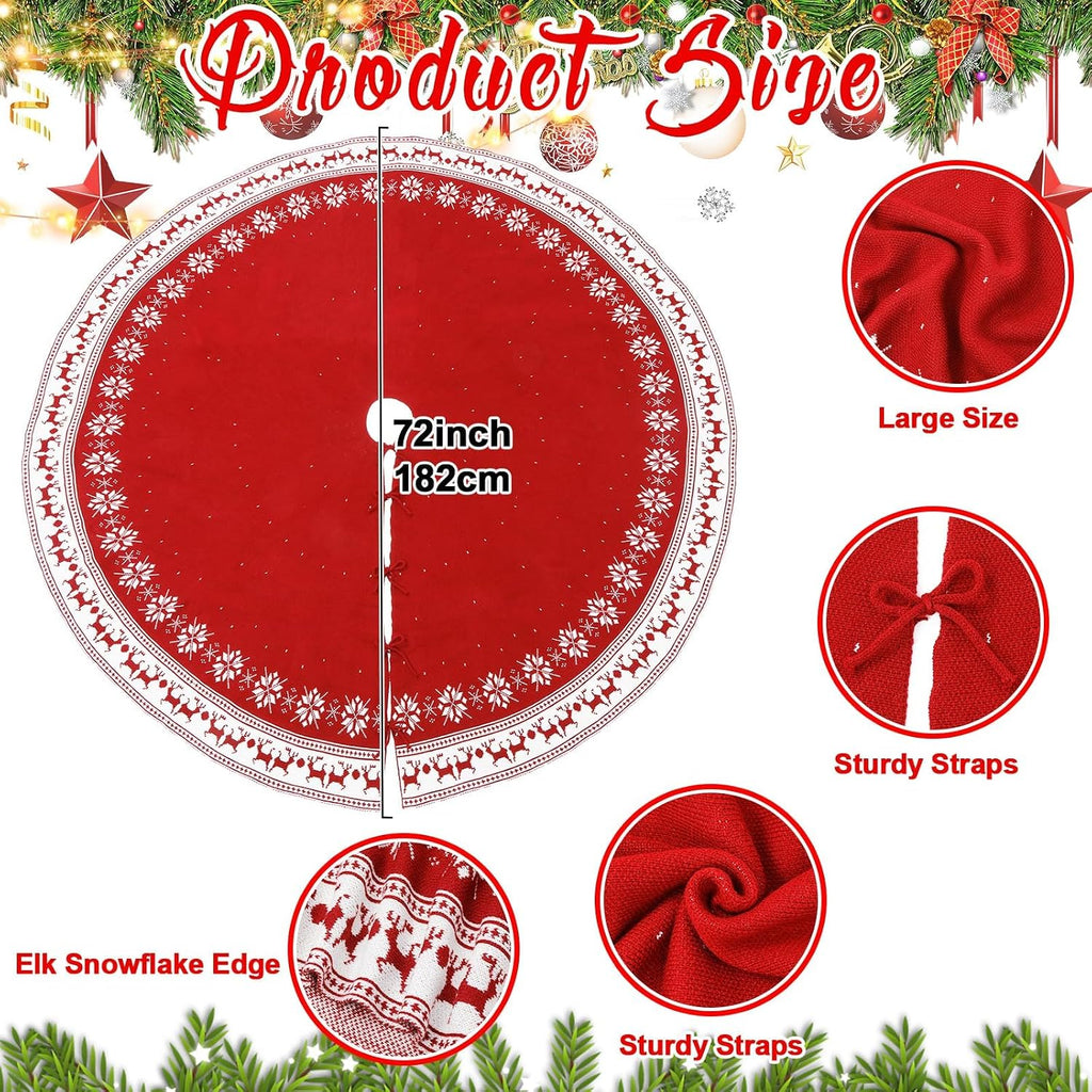 72 Inch Red Christmas Tree Skirt for 7.5 ft to 12ft Tree, Extra Large Vintage Christmas Knitted Tree Skirt Snowflake