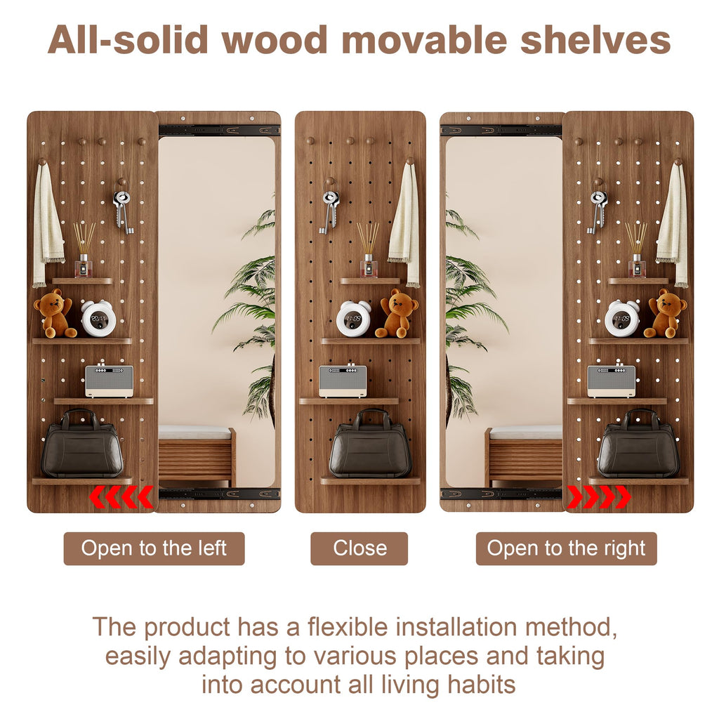Wood Pegboard with Full Length Mirror Wall Mounted, Entryway Hanging Sliding Mirror with Adjustable Hooks and Shelf