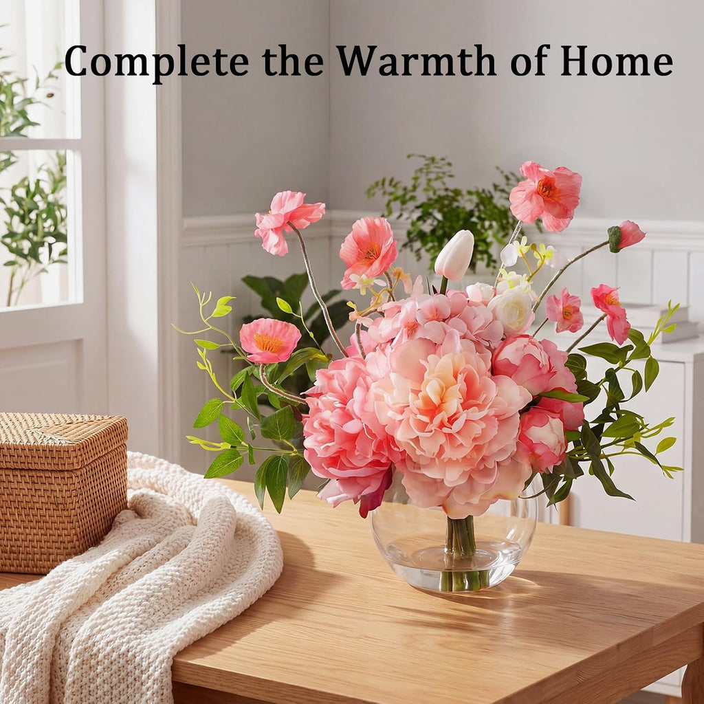 Peonies Artificial Flowers in Vase, Pink Artificial Flowers with Faux Water, Silk Peonies Flowers Arrangements Indoor