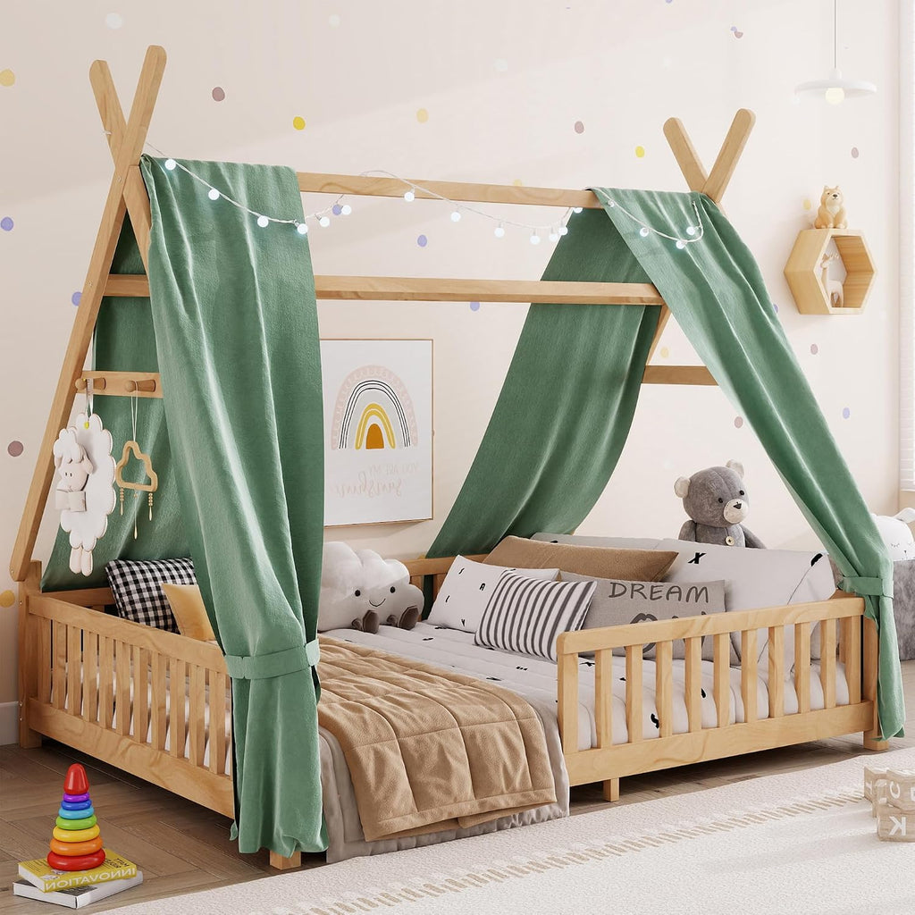 Montessori Bed Full Size with Light and Slats, Wood Teepee Floor Bed for Kids Boys Girls,House Bed Frame with Rails &