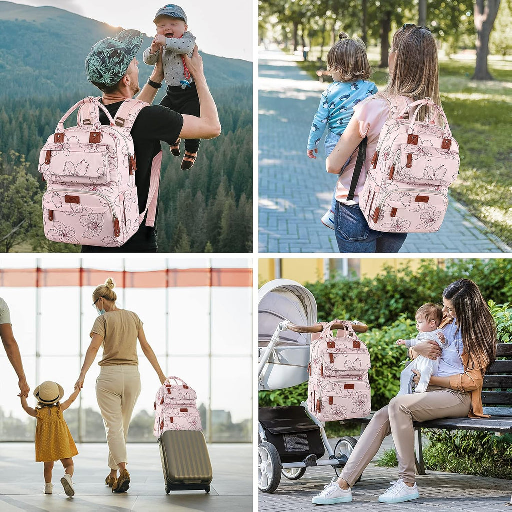 Diaper Bag Backpack, Baby Girl Diaper Bag for Mom, Large Pink Floral Diaper Bag Backpack for Girls, Waterproof Mom