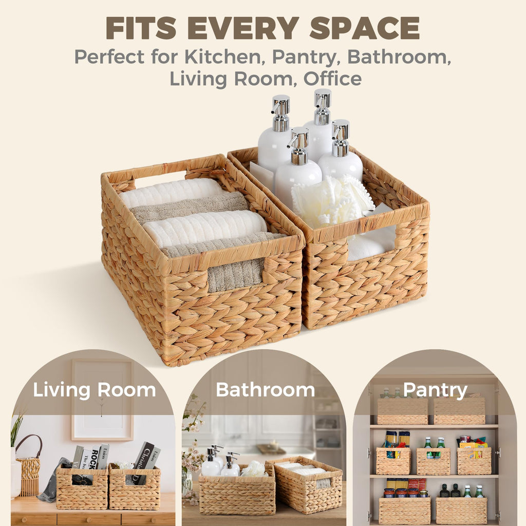 Set of 2 Wicker Shelf Storage Baskets for Organizing - Natural Durable Water Hyacinth Woven Basket Pantry Bin