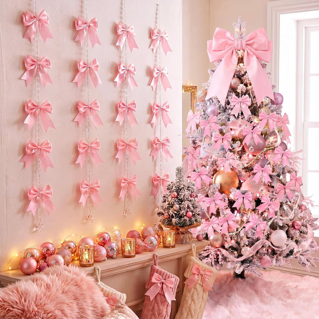 Christmas Tree Crystal Ornament, with Bow,39.4 Inches,Pink - Set of 6