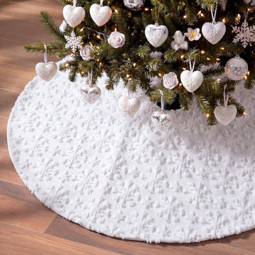 48 in 3D White Christmas Tree Skirt, Large Faux Fur Snowflakes Mat