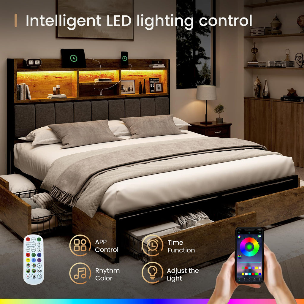 Bed Frame with 6 Storage Drawers, Linen Upholstered Headboard, Built-in USB Charging Station & LED Lighting