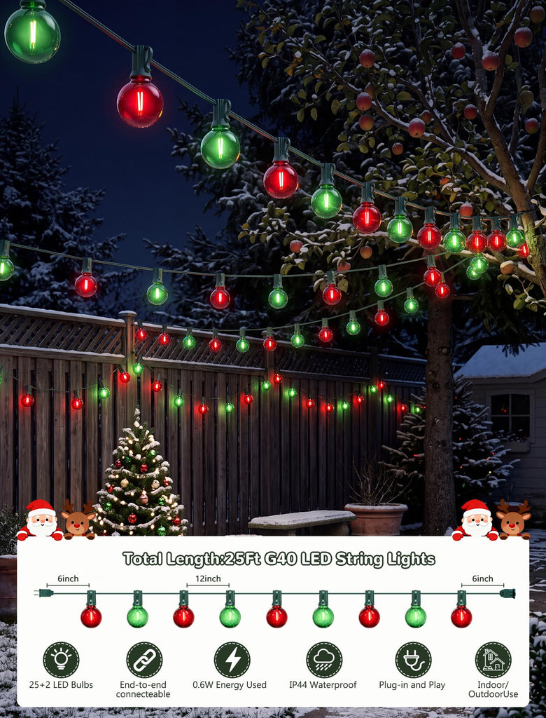 25Ft G40 LED Red Green Outdoor String Lights, 27 Shatterproof Globe Bulbs