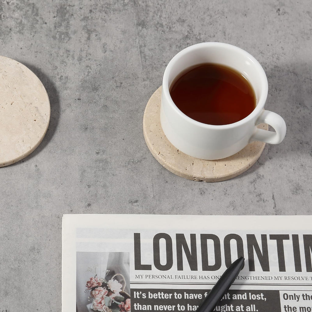 Travertine Coasters, Marble Coaster Set of 4 for Drinks, 4" Round Stone Coasters Set Heat Resistant, Decorative
