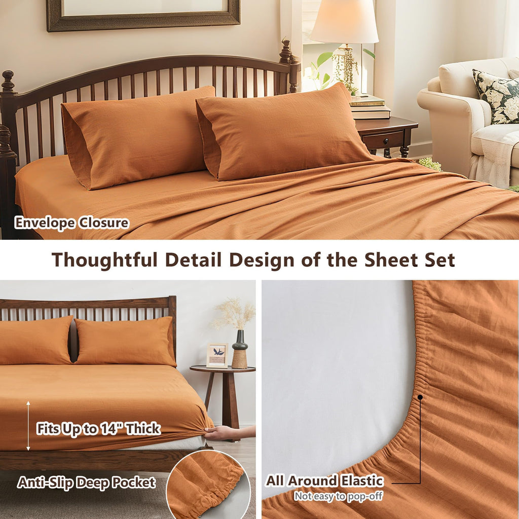 Flax Linen Sheet Set, 4PCS Natural Linen Cotton Bed Sheet with 1 Flat Sheet, 1 Fitted Sheet & 2