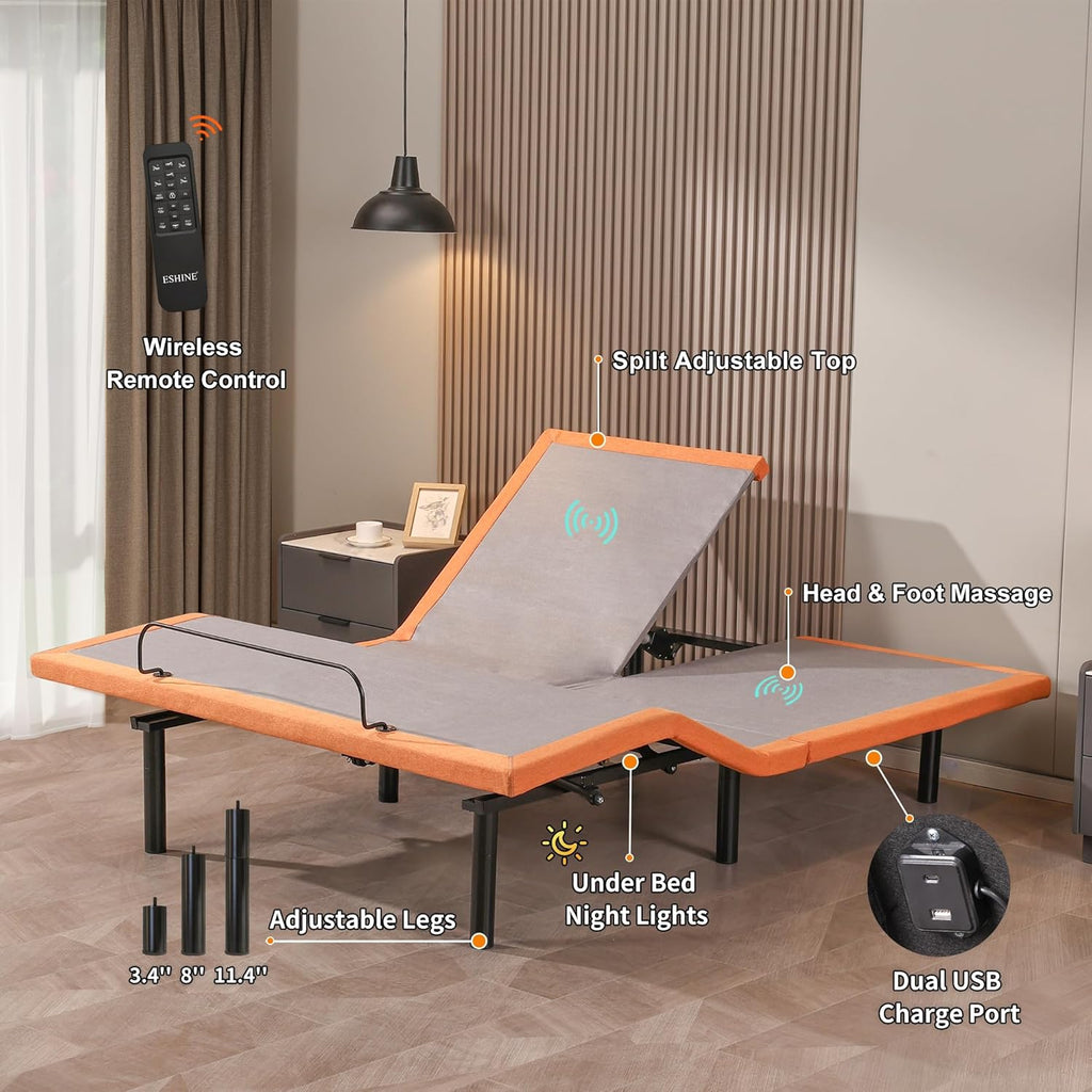 Split Top Queen Adjustable Bed Frame with Massage, Underbed Light