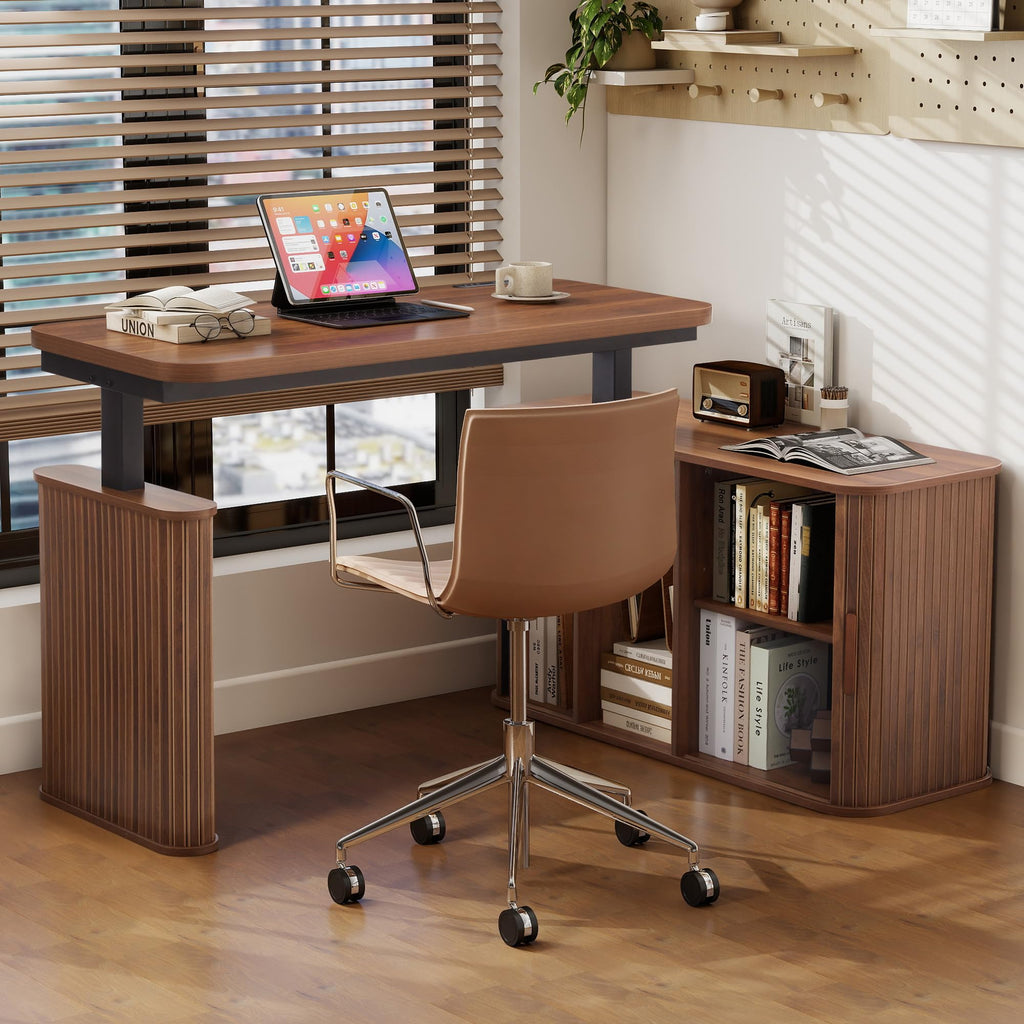 47" L Shaped Electric Wood Standing Desk with Storage