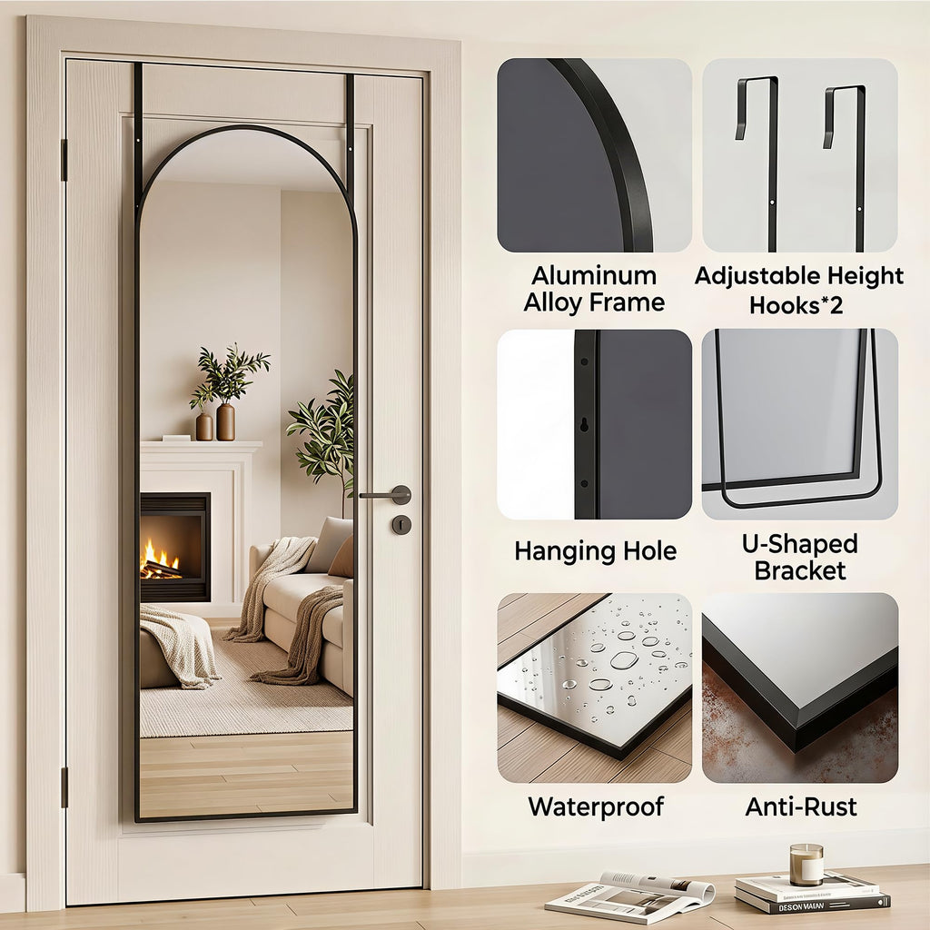 58"x20" Over The Door Mirror, Arched Full Length Mirror, Black