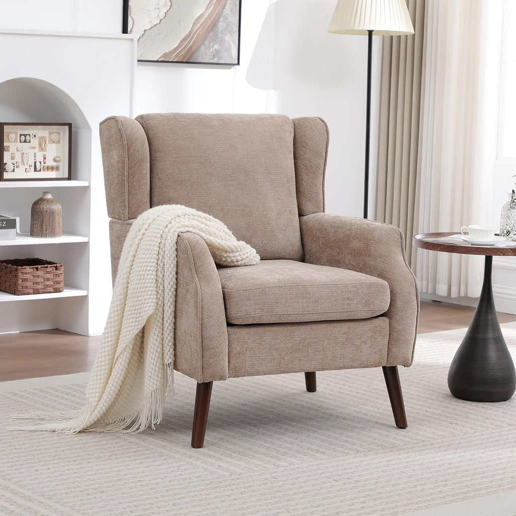 Accent Chair ,Mid Century Modern Wingback Chair ,Upholstered Armchair with Lounge Seat and Wood Legs Apartment Small