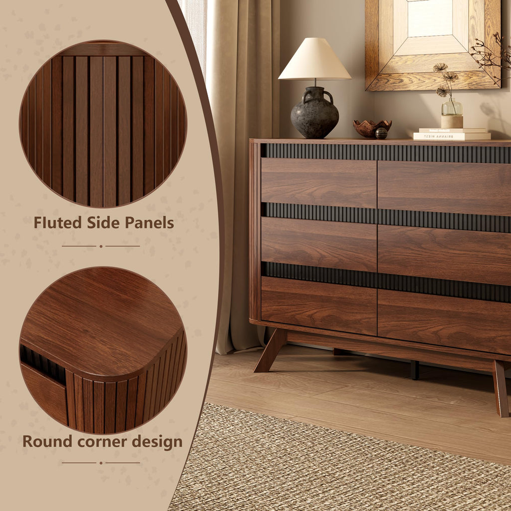 Fluted 6 Drawer Dresser, 47W x 31H, Modern Walnut Brown
