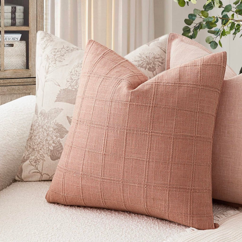 Boho Linen Check Decorative Throw Pillow Covers 22×22 Coral Pink