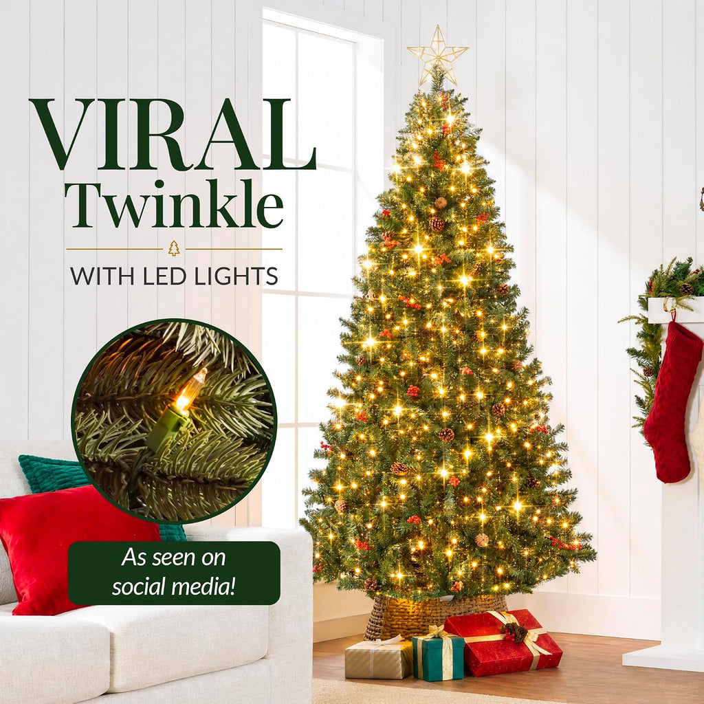 Pre-Lit Pre-Decorated Artificial Christmas Tree Spruce w/Twinkling LEDs Pinecones, Berries, 1,300 Lights, w