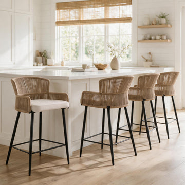 Woven Counter Height Bar Stools Set of 4, 26 Inch Beige Linen