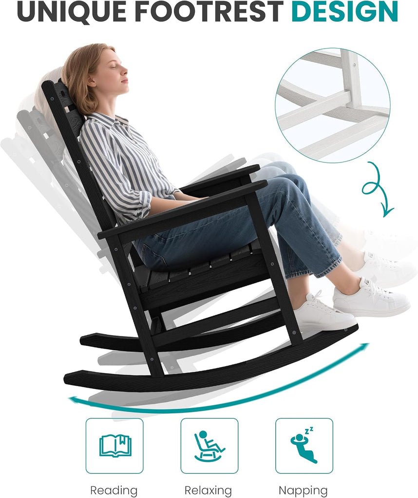 Outdoor Rocking Chair Set of 2, Oversized HDPE Rocker, Black | Heavy Duty Front Porch Rocker with Footrest, all