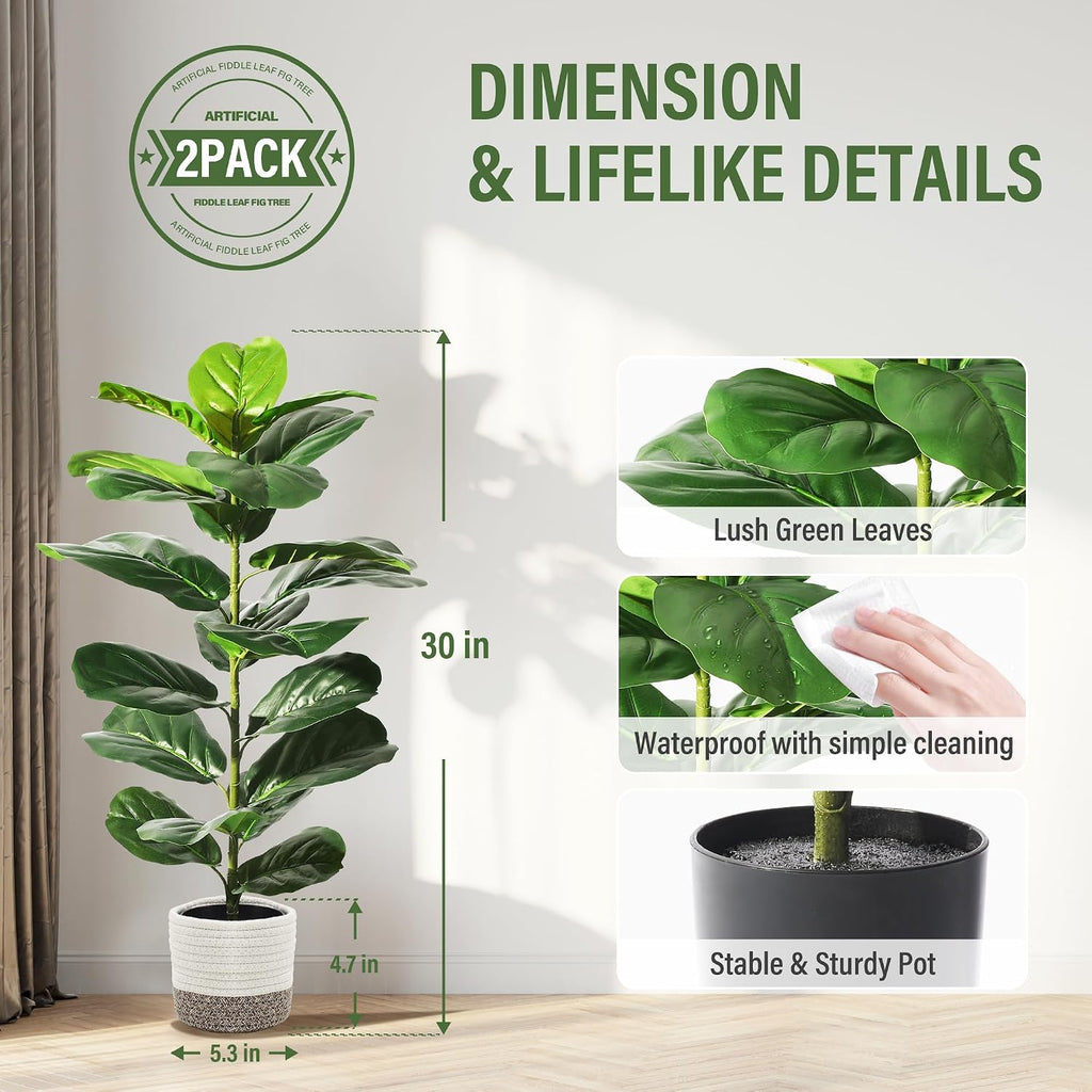 Faux Fiddle Leaf Fig Trees with Cotton Rope Basket, 30 Inches - Set of 2