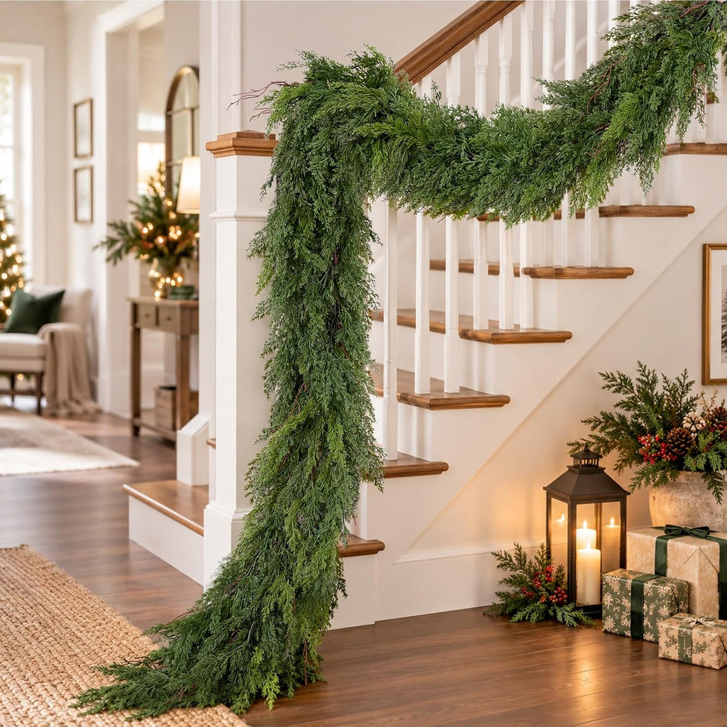 18Ft Real Touch Christmas Garland with Lights, Full Realistic Cedar Garland