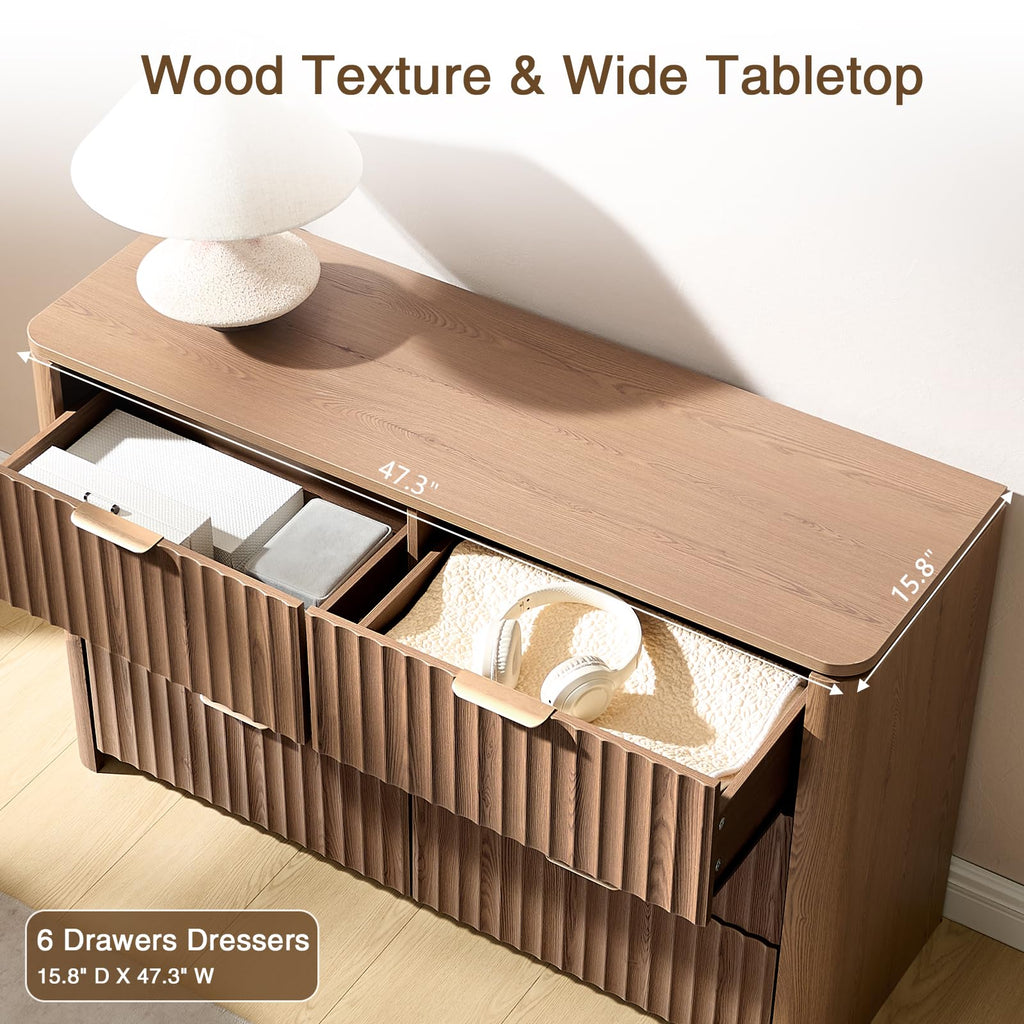 Fluted 6 Drawers Dresser -47.3" Wide Wooden Chest of Drawers with Large Storage, Long Dresser TV Stand with Drawers