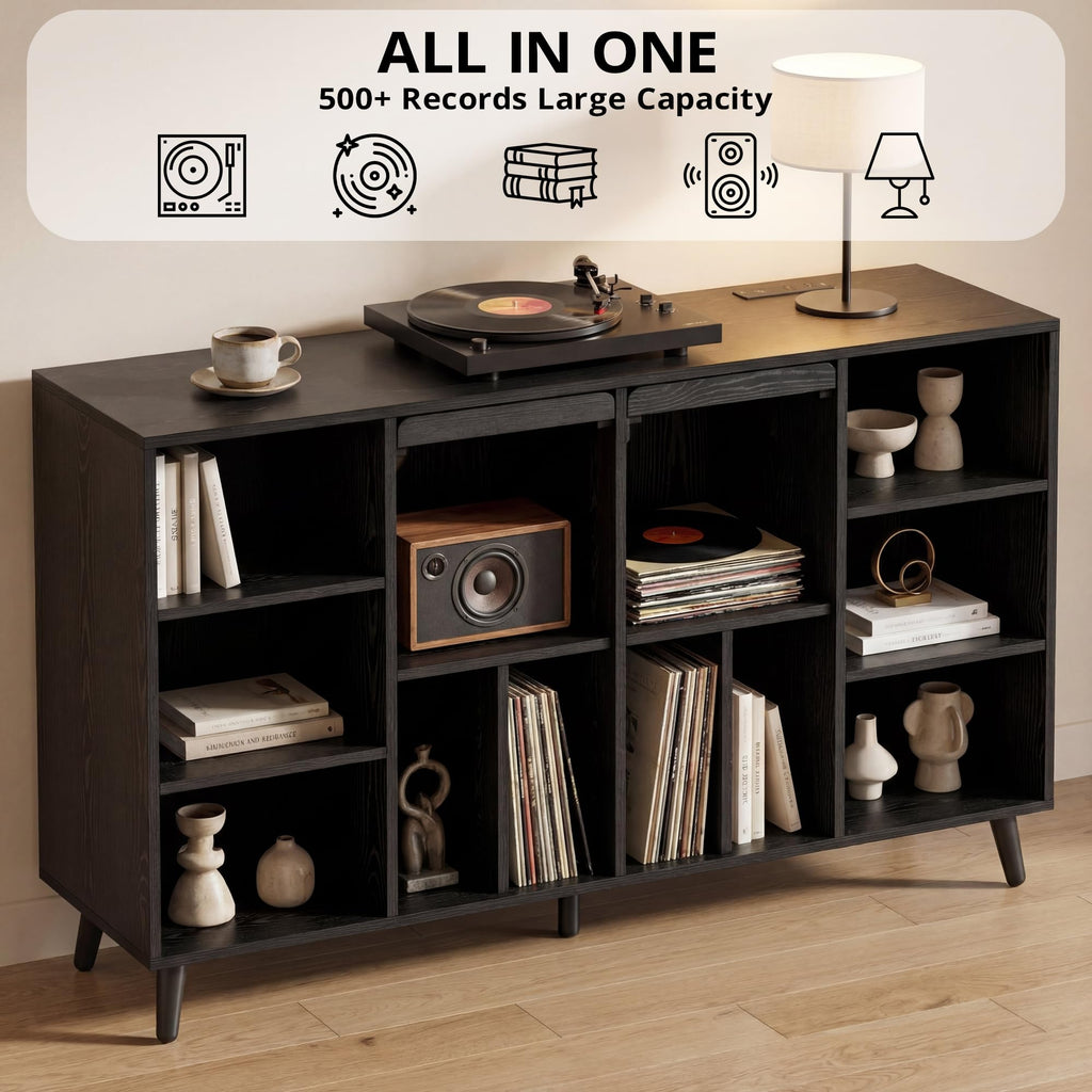 Record Player Stand with Charging Station, 55" Holds 450+ Albums