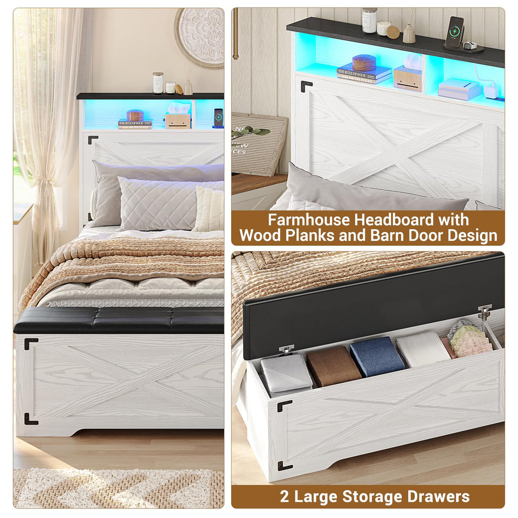 Bed Frame with Storage Ottoman, Farmhouse Bed Frame with Charging Station and Led Light, Headboard with