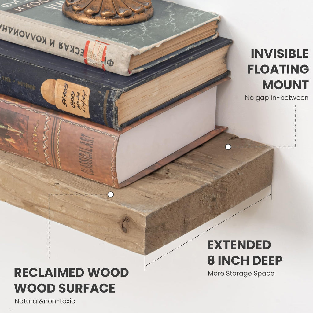 Floating Shelves Reclaimed Barnwood, 8" Deep Solid Wood Floating Shelf Wall Hanging Shelves with Invisible Heavy-Duty