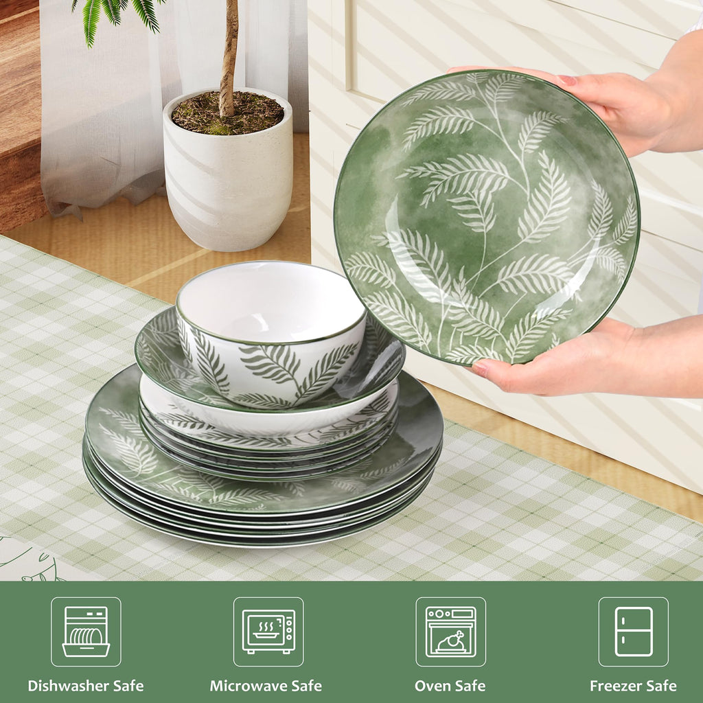 16 Pcs Porcelain Green Dishes dinnerware set for 4 With Pasta bowl