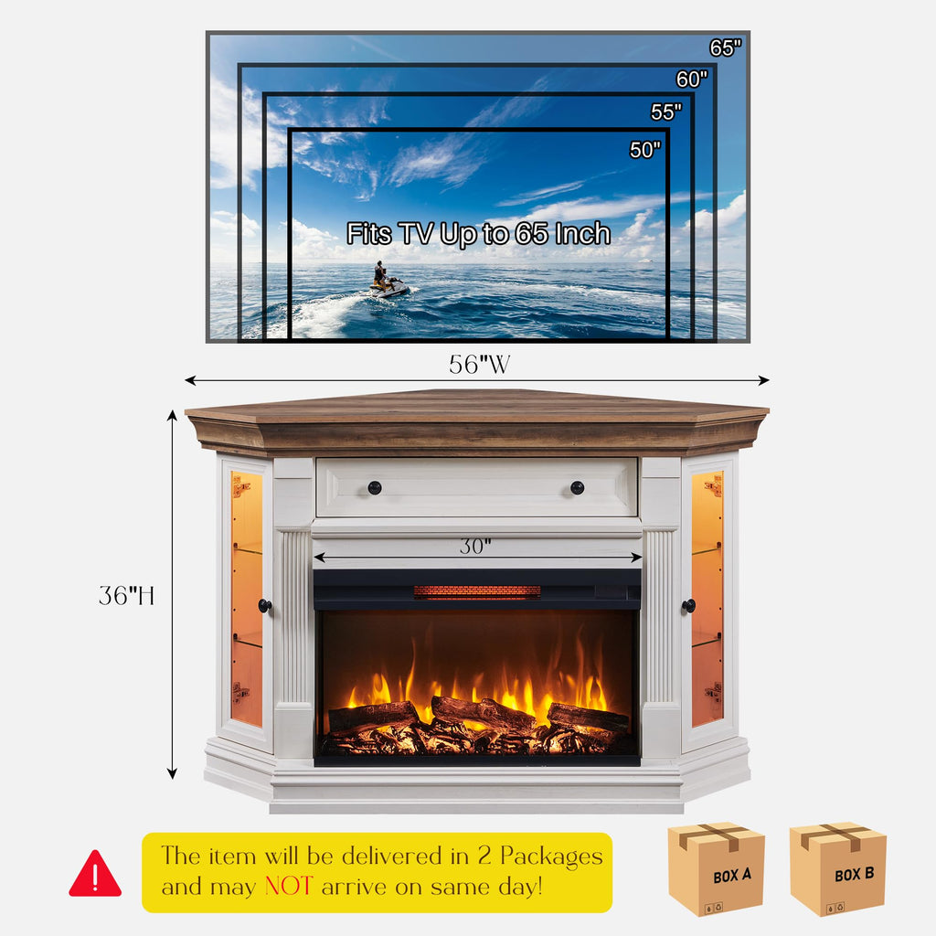 56" Farmhouse Corner TV Stand with 3-Sided Fireplace, Antique White
