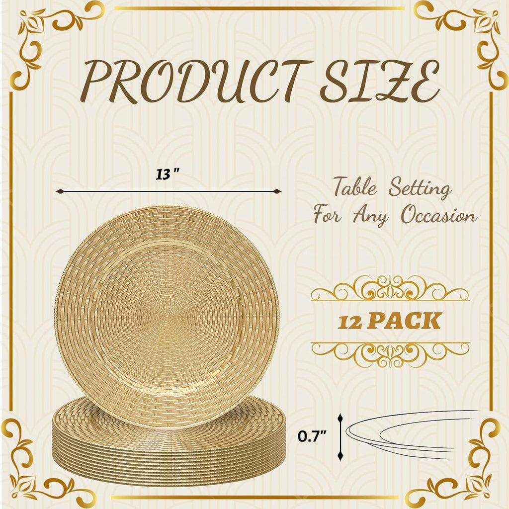 Faux Rattan Charger Plates, Round Gold Plate Chargers - Set of 12
