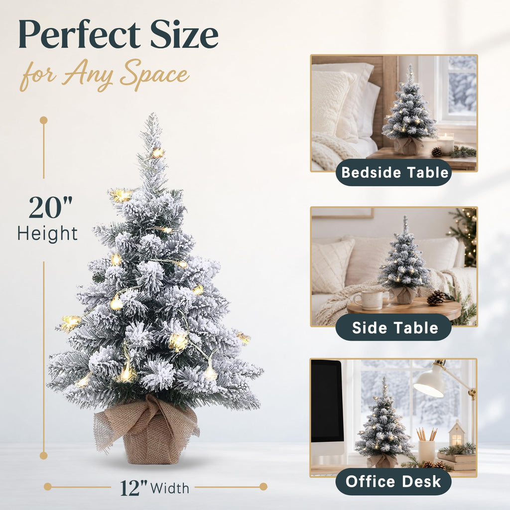 20in Pre-Lit Snow Flocked Artificial Mini Christmas Tree, Battery Operated