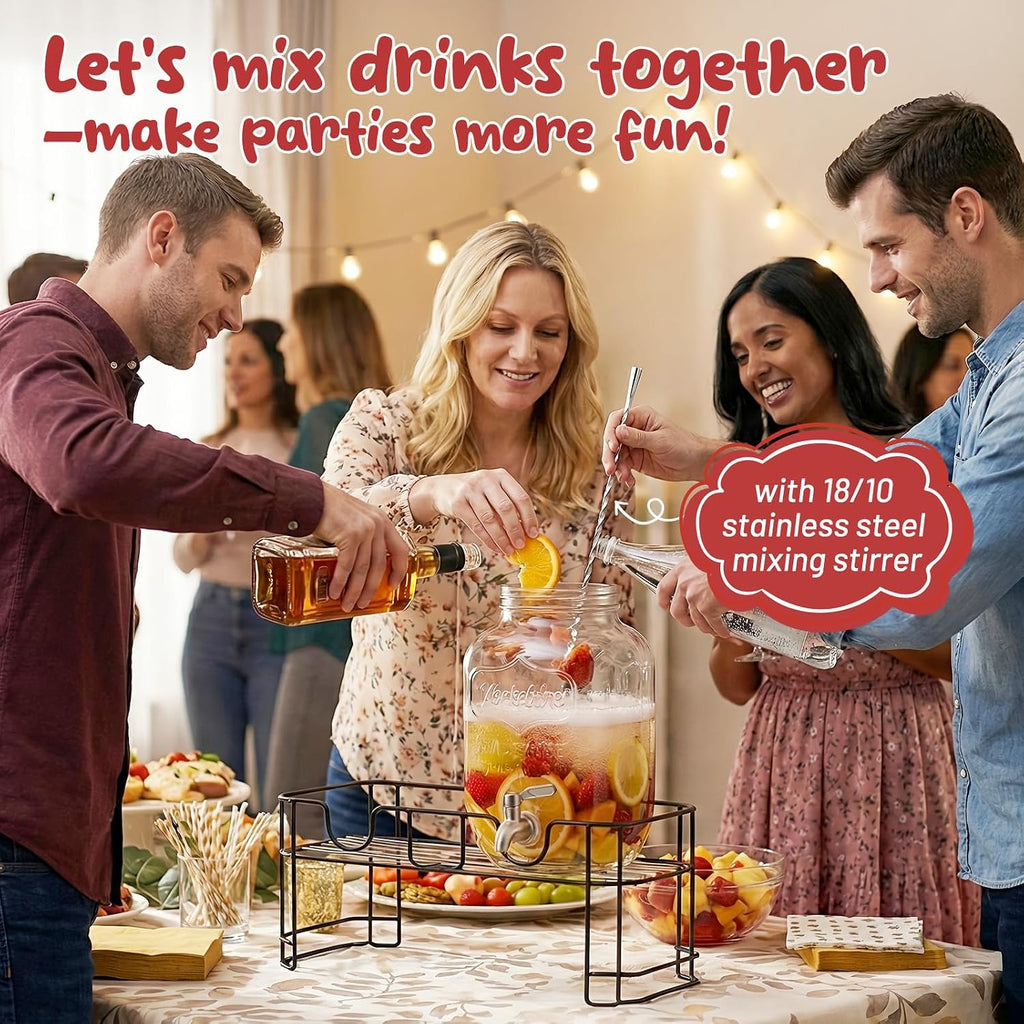 Gallon for Parties, 2 Pack Leakproof Beverage Dispenser with Stand & 18/10 Stainless Steel Spigot & Filter - Set of 2