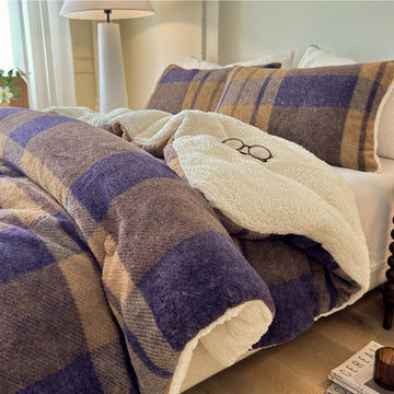 Plaid Sherpa Comforter Set 2Pcs Fluffy Warm Fleece Down Alternative, Khaki Blue Grid Pattern Bedding Set with 1