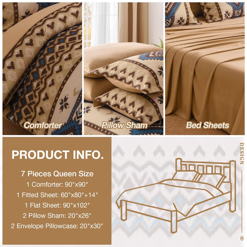 Queen Size Brown Comforter Set, 7 Pieces Boho Aztec Bed in a Bag, All-Season Bedding Set with Sheets & Pillow Shams
