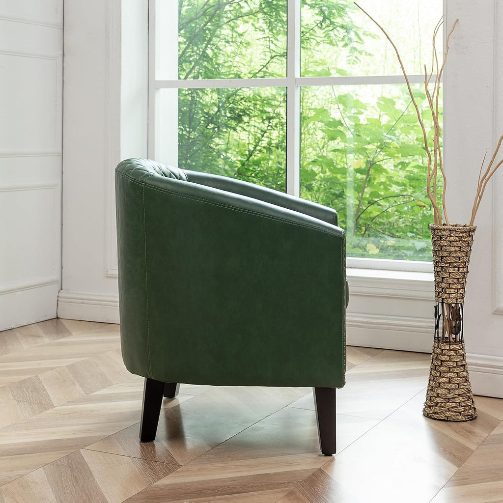 29" W Faux Leather Barrel Chair PU Tufted Accent Club Chair, Green