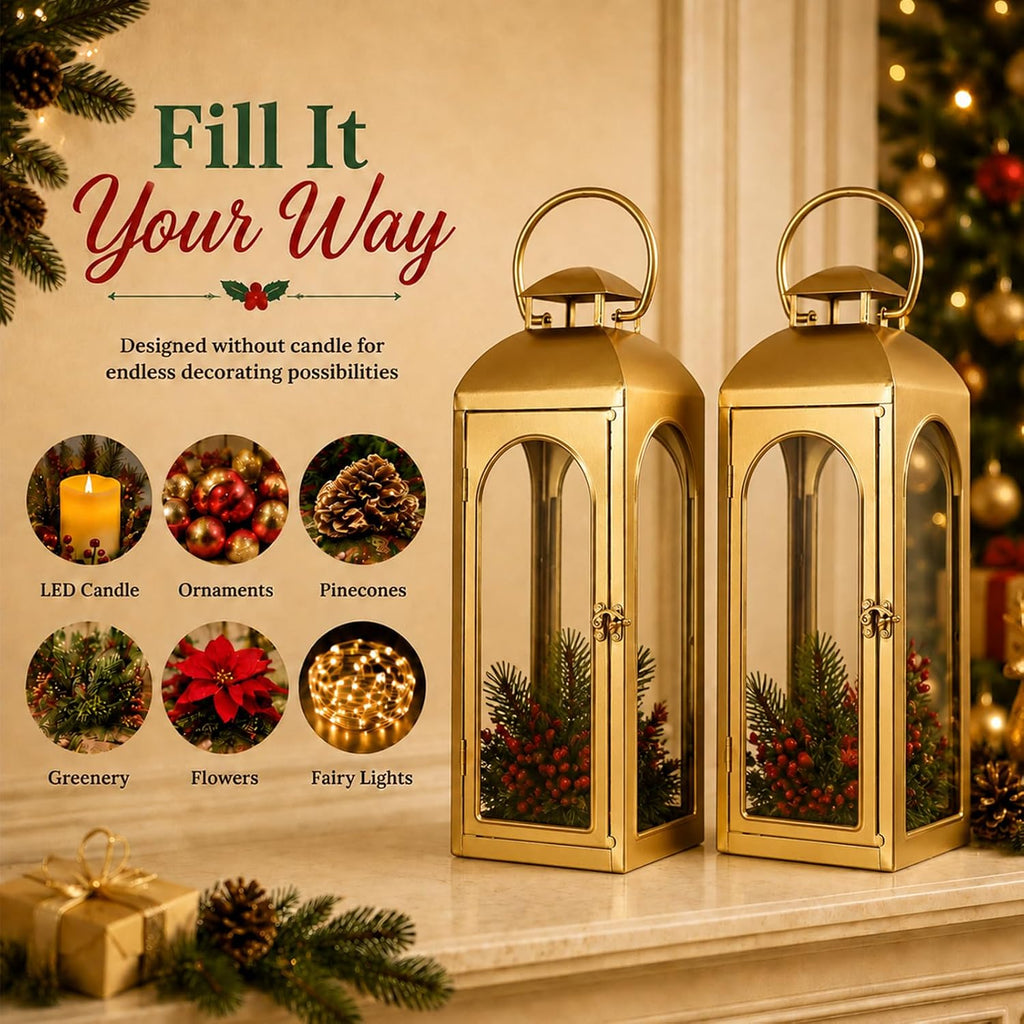 Christmas Decorative Lanterns Gold Metal Candle Holders 20 Inch 2 Pack