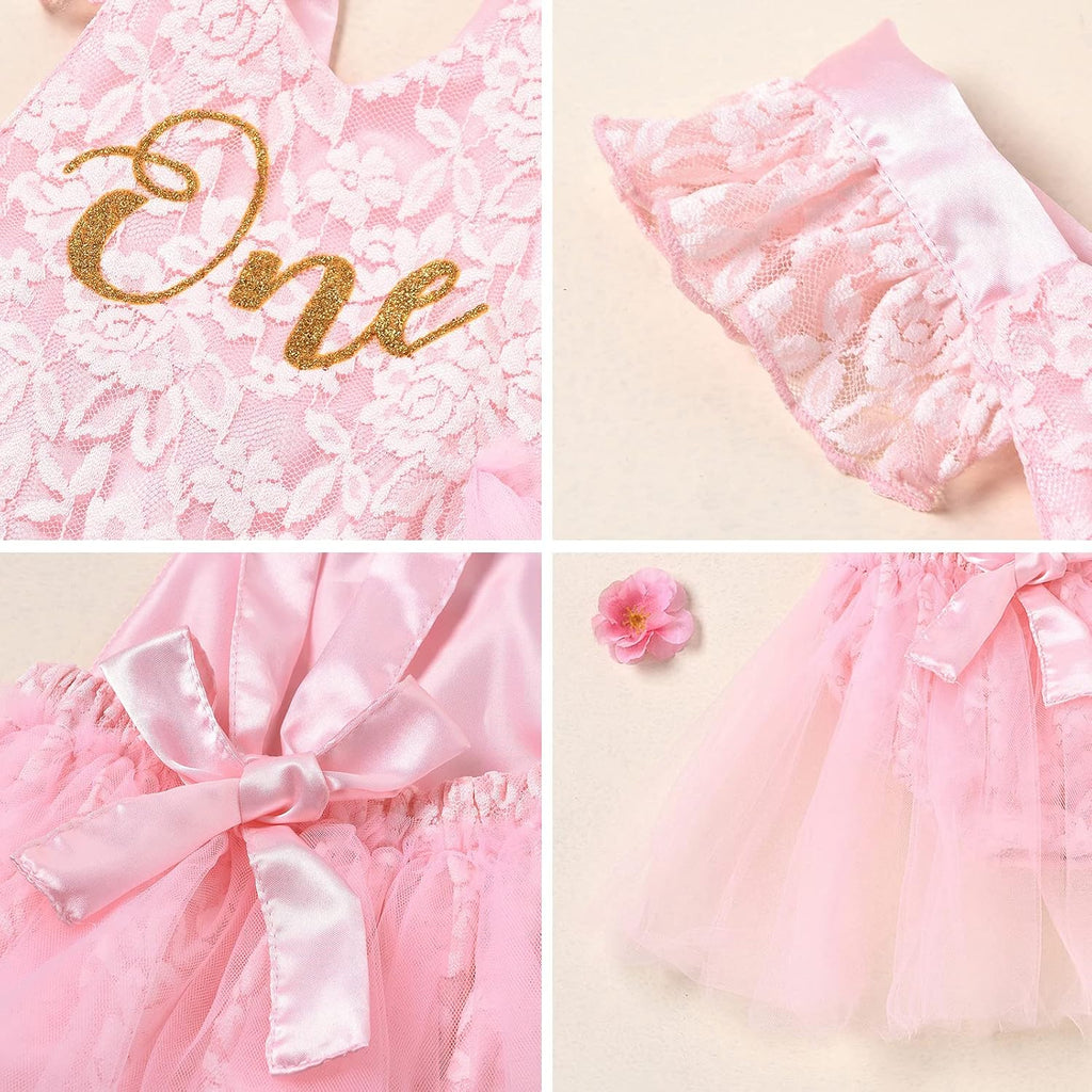 Baby Girl 1st Birthday Outfit-Boho Sleeveless Lace Romper Princess Tutu Dress for Cake Smash Photoshoot