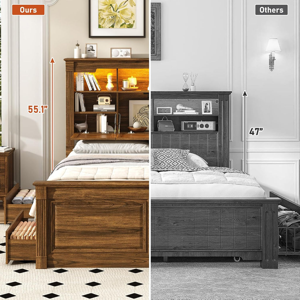 Farmhouse Queen Bed Frame with 55" Tall Storage Headboard & 4 Drawers, Wood Roman Column Platform Bed Frame with 24"