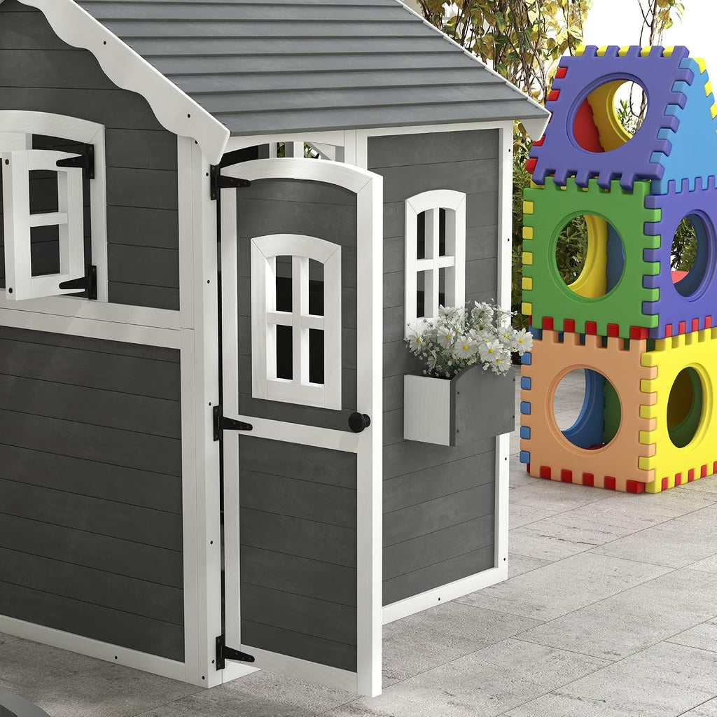 50x50x72in Kids' Outdoor Wooden Playhouse Includes Two Doors Two Windows Safety Floor PlanterBox for Children Ages 3