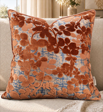 Cut Velvet Throw Pillow Cover, 20x20 Inch, Rust Round Leaf
