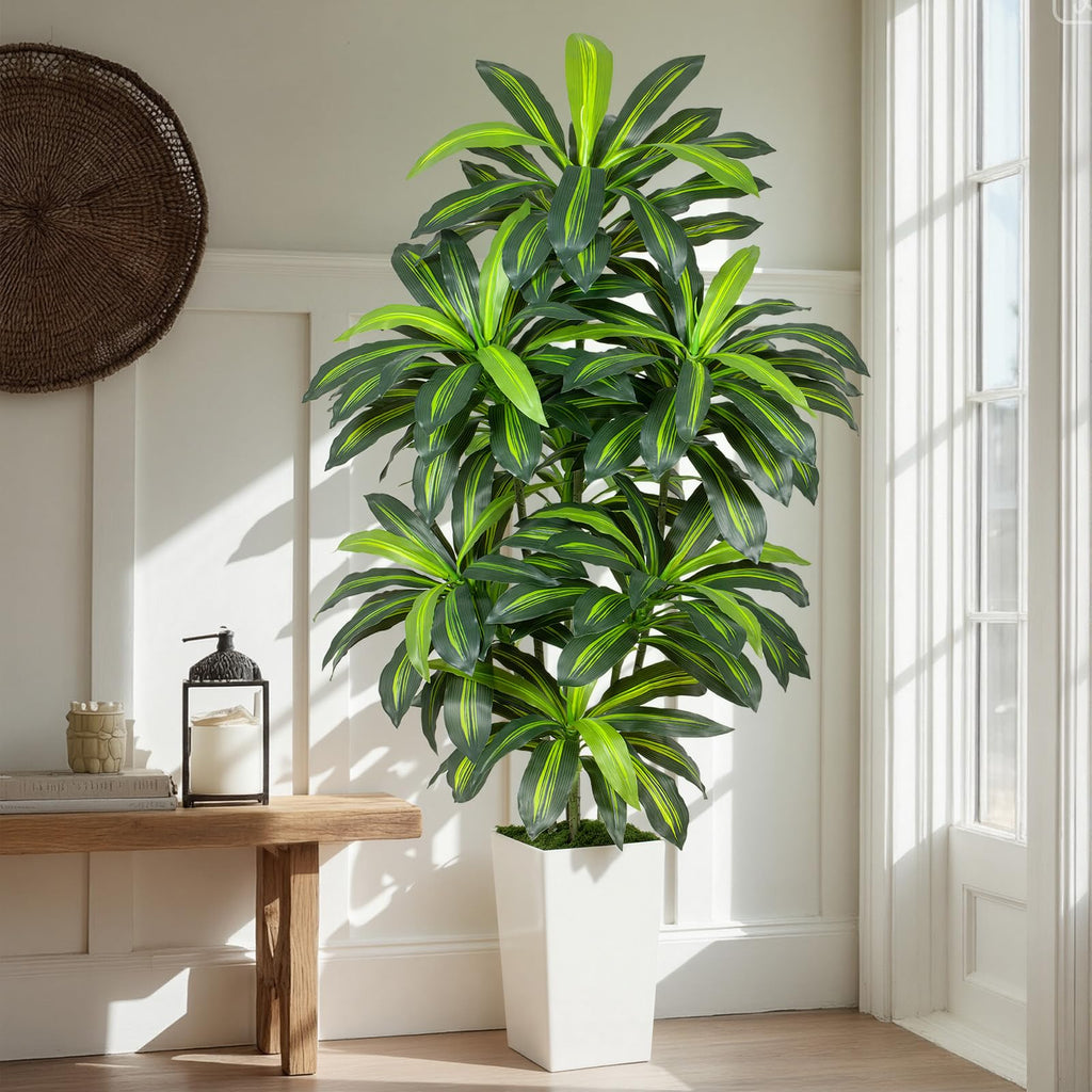 7FT Artificial Dracaena Tree - High-Density Foliage Fake Plant with White Tall Planter - Faux Yucca Floor Plant Decor